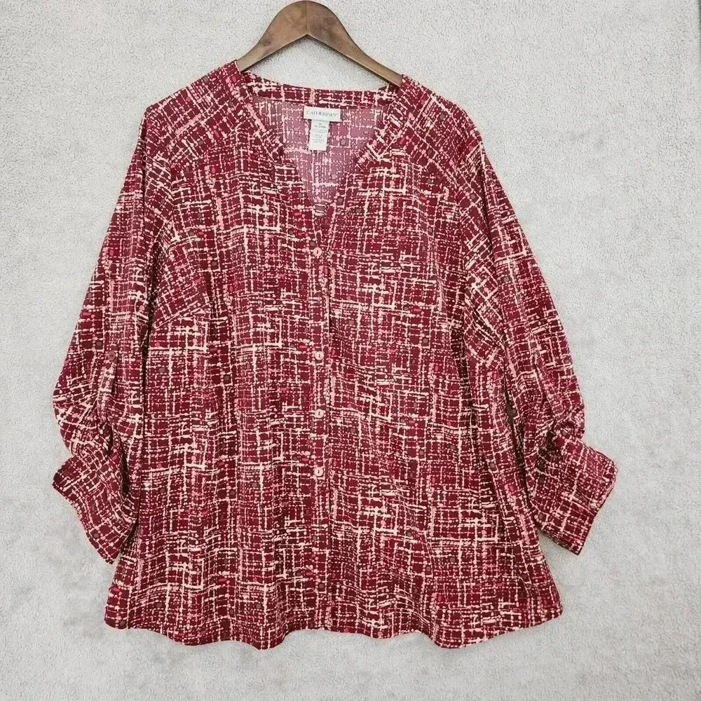 Catherines Womens Red Abstract Print Button-Up Blouse 1X 17CT